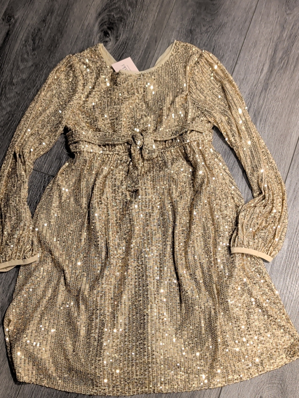 Francesca's Collections Girls Gold Sequin Long Sleeve Dress with Tie Waist